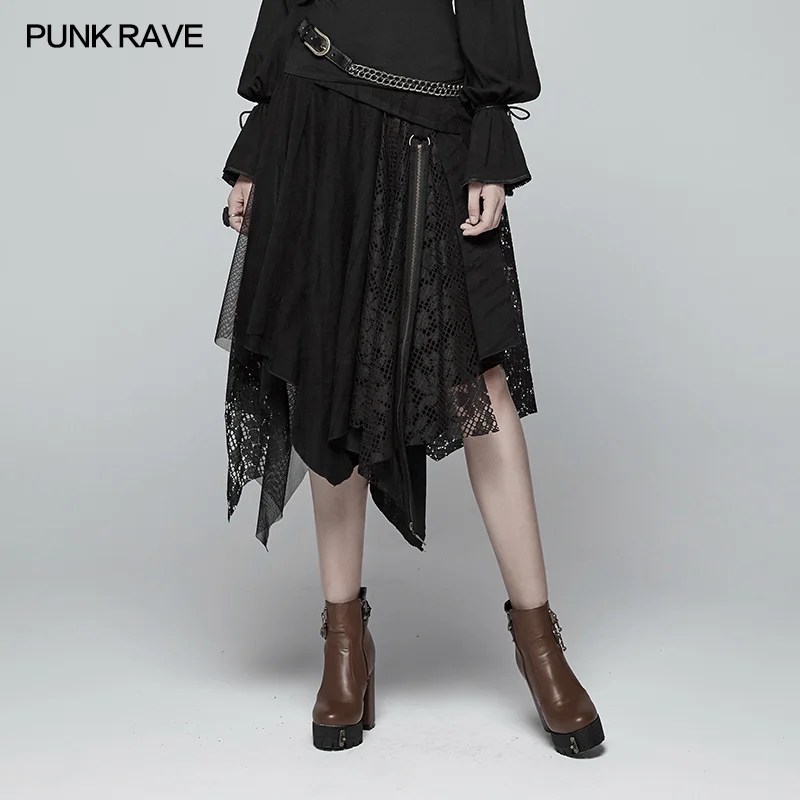 Панк Rave для женщин половина юбка стимпанк мода повседневное Винтаж викторианской кружево Асимметричная личность половина