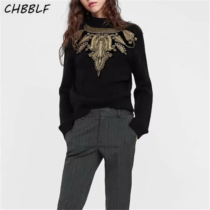 

CHBBLF women embroidery beading knitted sweaters long sleeve pullovers vintage female casual loose chic top BGB8621