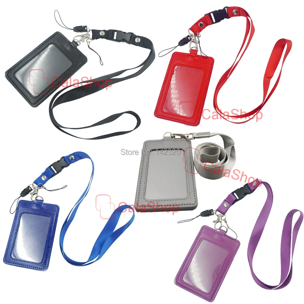 2X-ID Card Holder Vertical strap Lanyard Genuine Leather for Retractable Badge