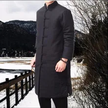 M-3XL зимняя китайская ветровка мужские новые длинные пальто стеганая Пряжка ручной работы льняная хлопковая утепленная теплая длинная куртка