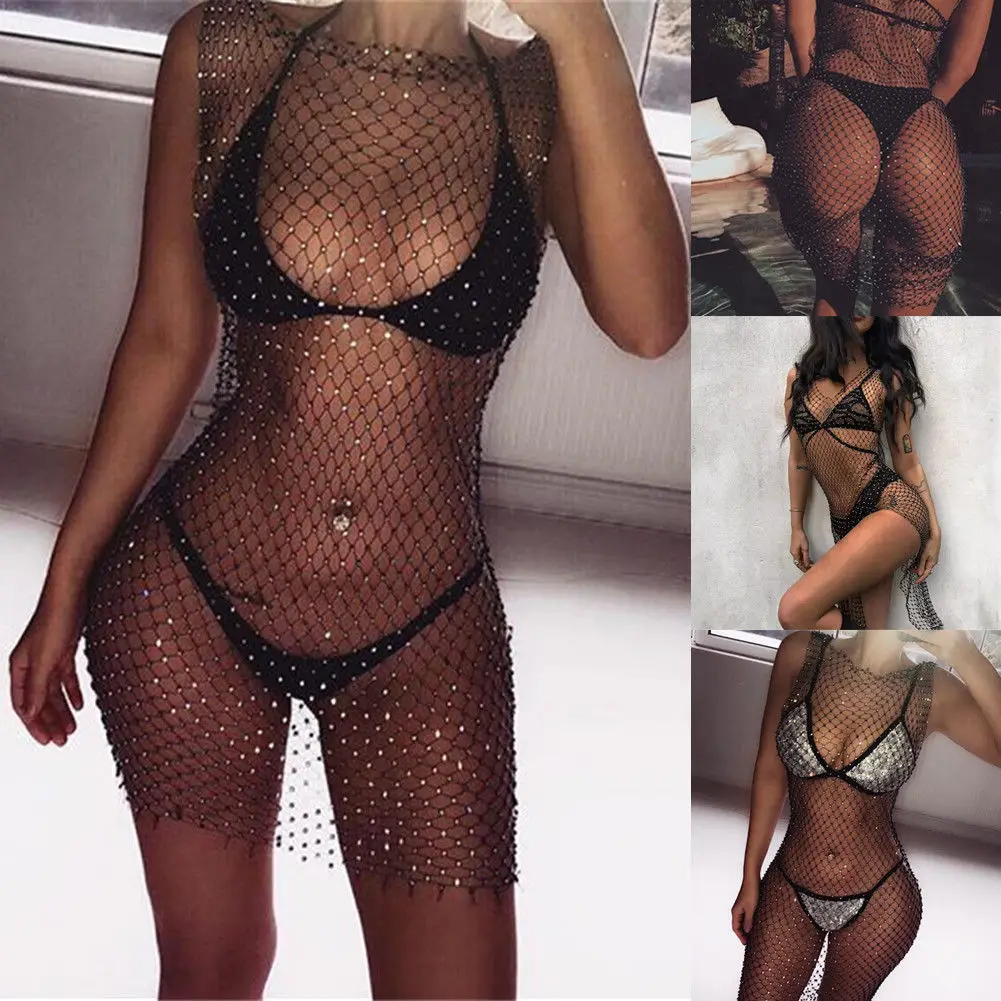 

Women Bikini Crystal Cover Up Dress Mesh Fishnet Hollow Out Swimsuit Swimwear Beachwear