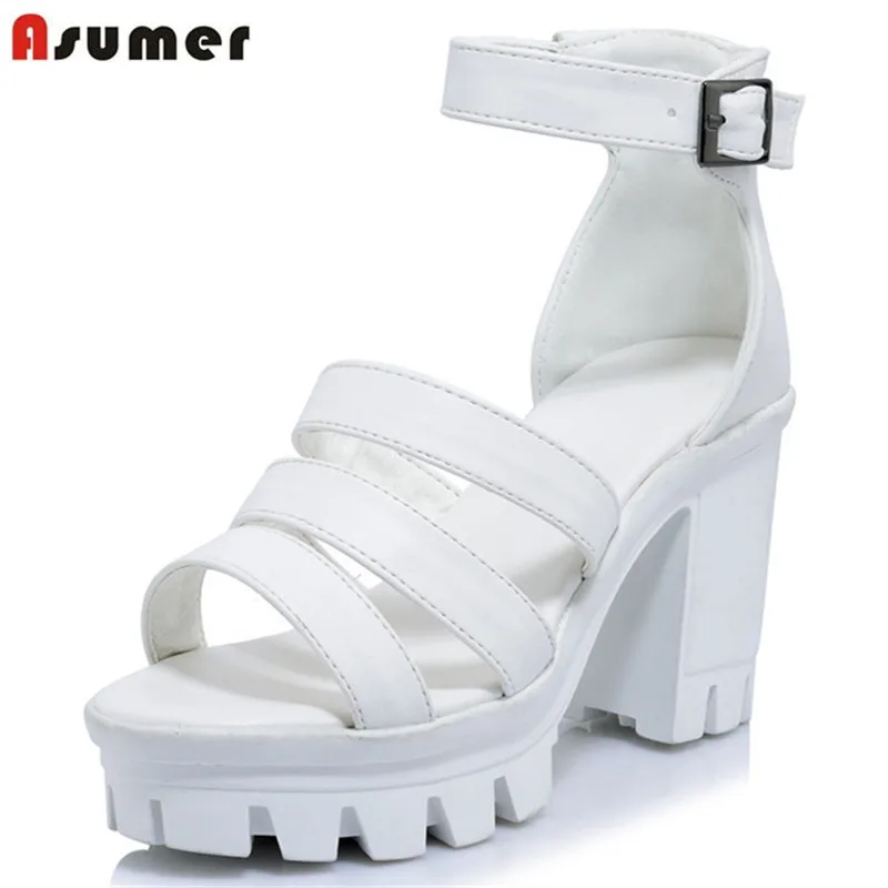 

Asumer Square heels shoes PU soft leather buckle fashion sweet party shoes in summer women sandals platform shoes solid