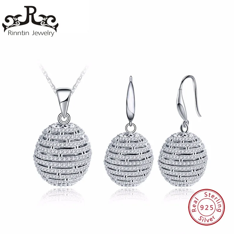 

Rinntin 925 Sterling Silver Women Necklace&Earrings Sets Ball Shape Hollow Design With CZ Cubic Zircon Female Jewelry Set TSS20