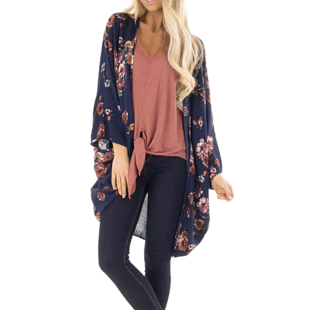 Women Chiffon Kimono Spring Floral Printing Long Blouse Irregularity Tops Bikini Swimwear Beach Smock Blusas Mujer 2019 #10T