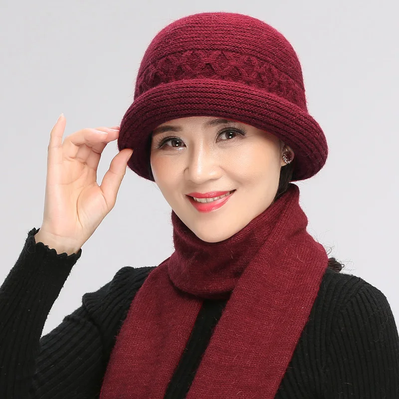 Autumn Winter Middle Aged Elderly Hat Women Mother Grandmother Rabbit Wool Warm Cap Female Soft Fashion Pure Color Scarf H7172 photo