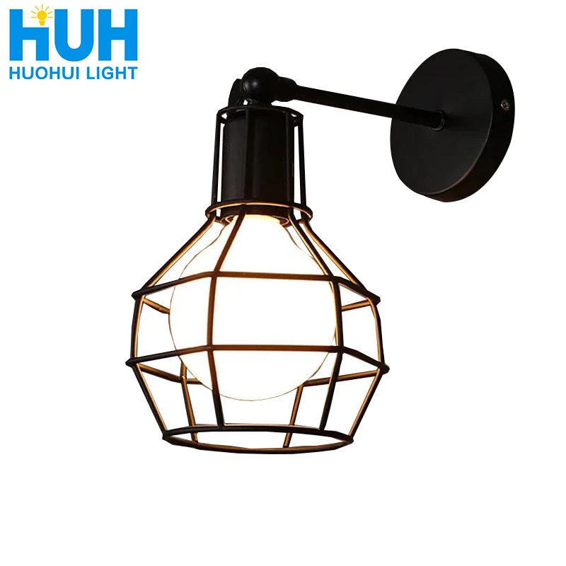Vintage American E27 LED Cage Wall Lamp Black Iron Wall Lights Bedroom