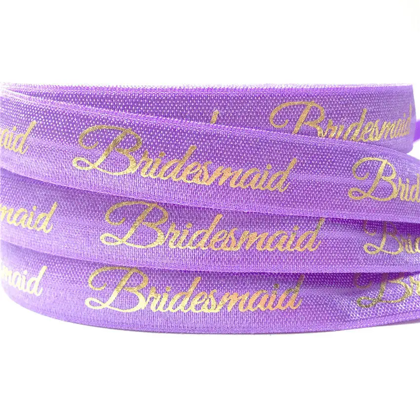 5/8"(5 yards/lot) Gold/Silver Bridesmaid Print Fold Over Elastics FOE Stretch Band Wedding Decor Party accessories - Color: GS264 Purple-Gold