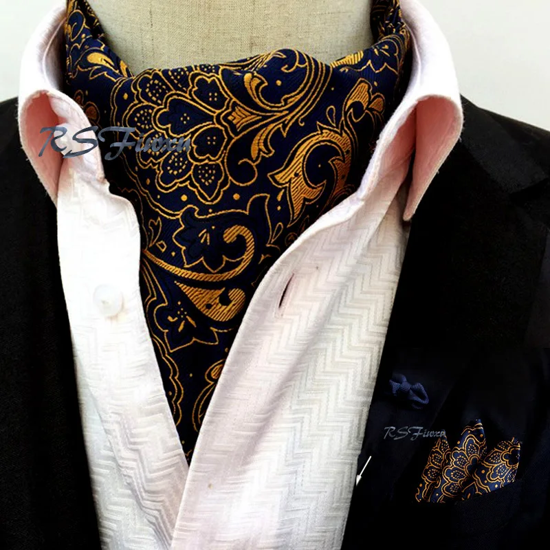 Free Shipping Scarf suit Paisley Gold Navy Blue Fashion Men Long Silk