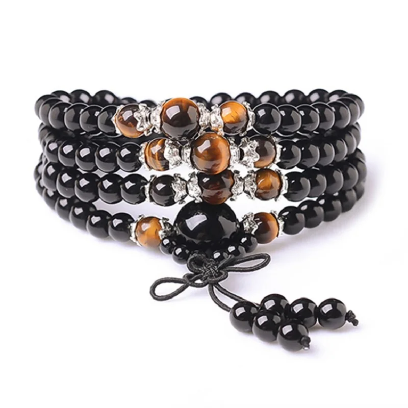 

Natural Stone Black Obsidian With Tiger Eye Stone Bracelet Men Women 108 Beads Stretch Bracelets 6mm 8mm Buddha Rosary Drop Ship