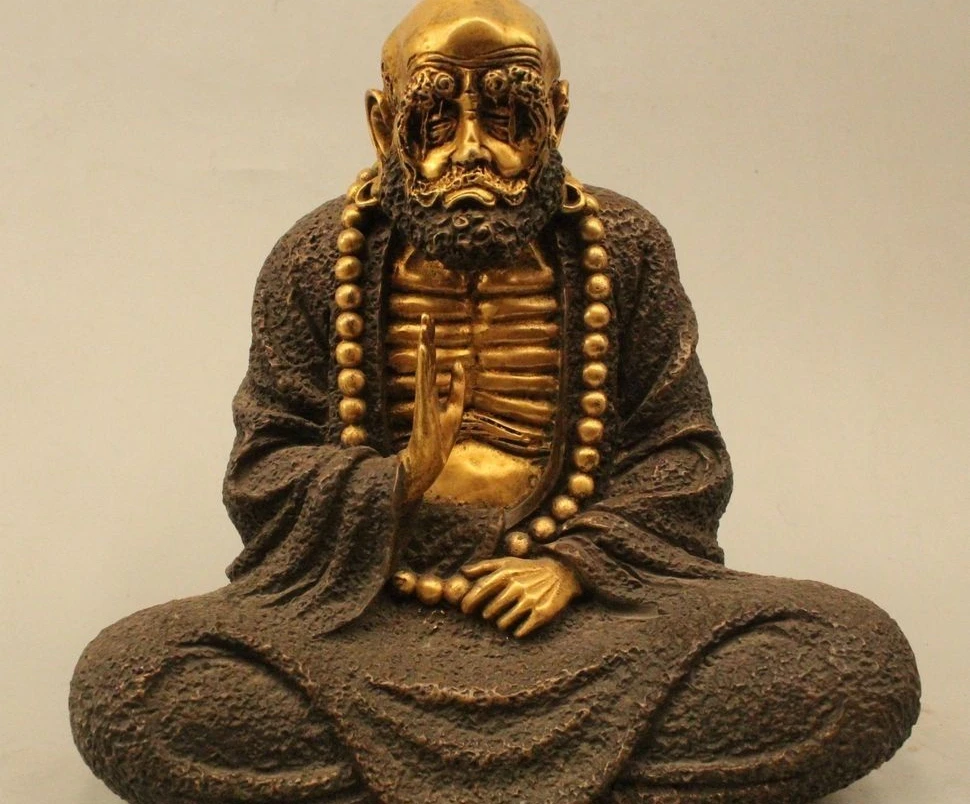

8" Chinese Buddhiam Bronze 24K Gold Arhat Damo Bodhidharma Dharma Buddha Statue