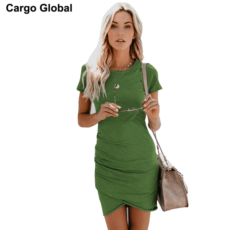 

Summer 2019 Sexy Round Collar Dress Wrinkled Hips Irregular Short Sleeves Mini Dresses Ladies Vestidos Women Clothing