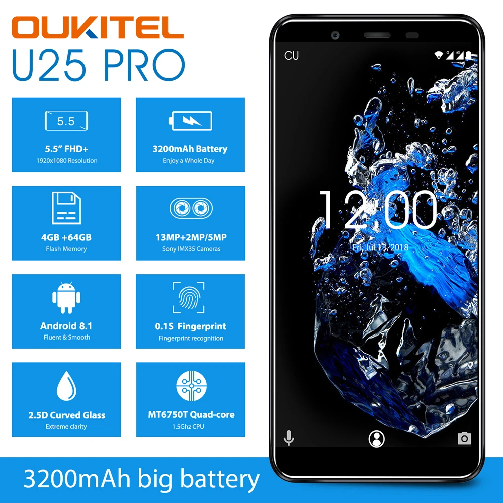 

Original OUKITEL U25 Pro 4G Mobile Phone Android 8.1 4GB RAM 64GB ROM Octa Core Smartphone 5.5" 1080P FHD Dual SIM Cell Phone