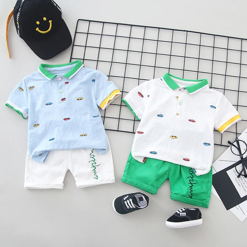 

Summer Children Baby Boys Casual Short Set Sleeve Cartoon Car Print Square Collar T-shirt Tops+Shorts Costume Set