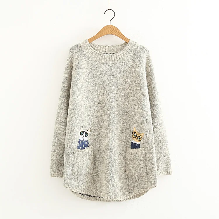 Japanese Style Cartoon Pullover Sweater Autumn Winter New Fashion Woman Knit Sweaters O-Neck Long-Sleeved Pocket Cat Sweater CH750 (4)