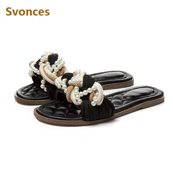 

Fashion Woman Slippers Luxury String Bead Pearl Flats Shoes Casual Designer Inside&Outside Sandals Zapatos Mujer Plus Size 43