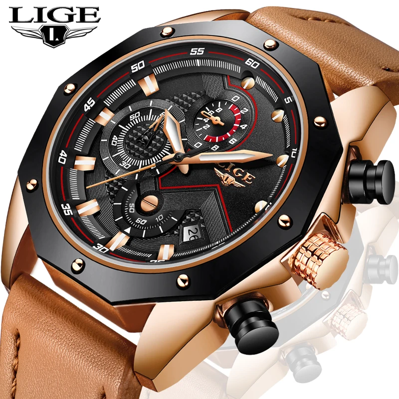 

LIGE Men Watches Male Fashion Business Waterproof Quartz Watch Men's Casual Leather Military Sport WristWatch Relogio Masculino