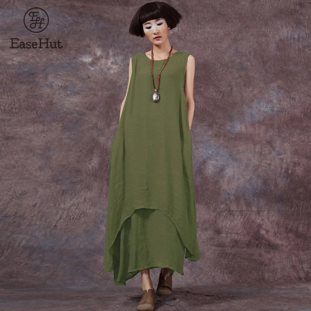 Women Sleeveless Loose Pocket Linen Dress Plus Size Summer Holiday Sundress Hot