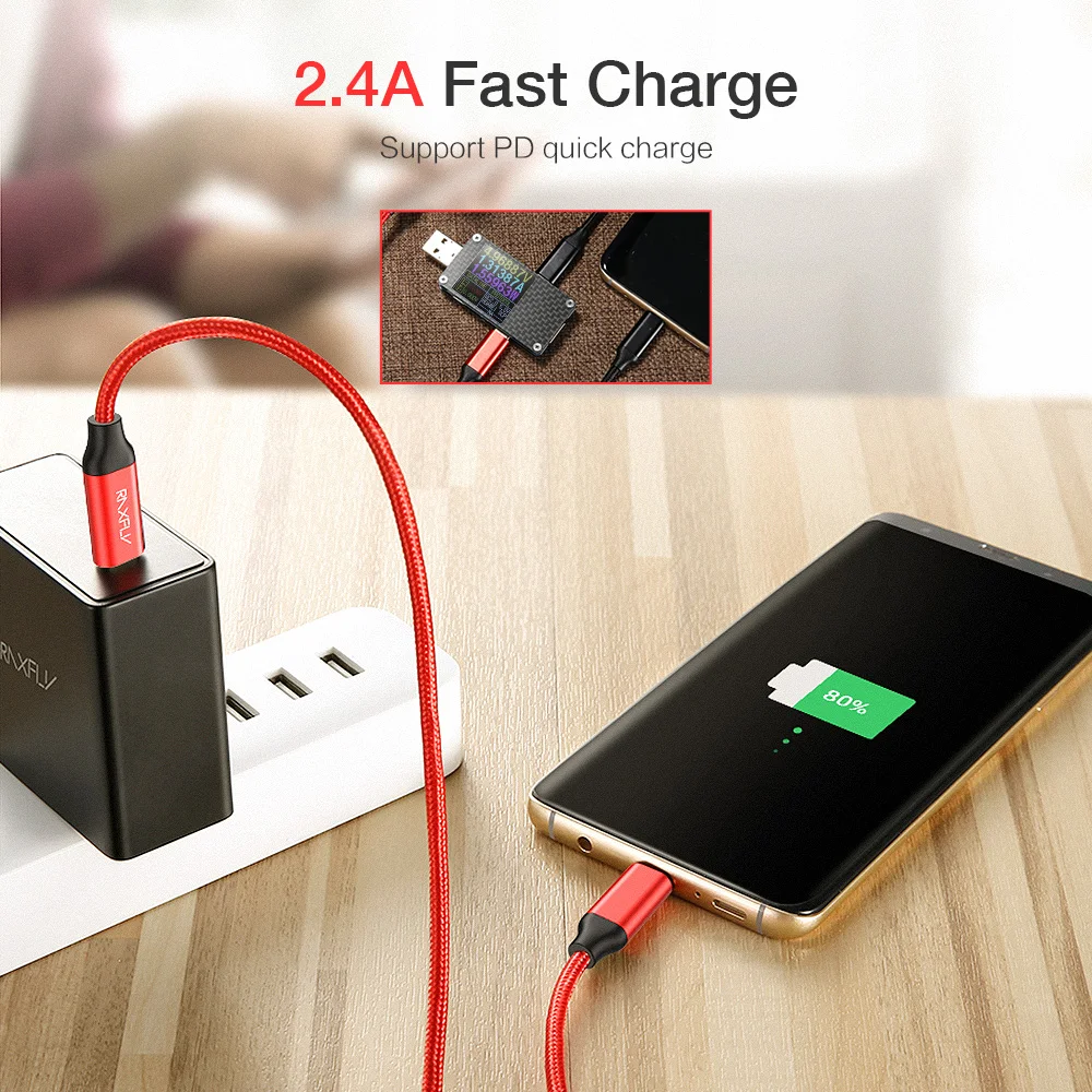 RAXFLY USB tipo C a USB-C Cable para Xiaomi Redmi Note 7 Samsung S9 tipo C Cable de carga rápida with de la policía de carga rápida USB-C Cable