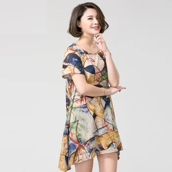 

New 2016 Women Graffiti Printed asymmetrical cotton dress summer loose elegant asymmetrical casual vestido plus size XXXXL 6322