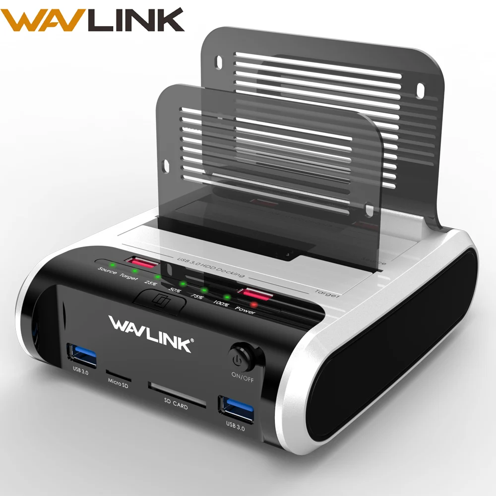 Wavlink 2,5 3,5 pulgadas USB 3,0 a SATA Dual-Bay Hard Drive estación de acoplamiento con clon sin conexión y lector de tarjetas UASP para 2,5