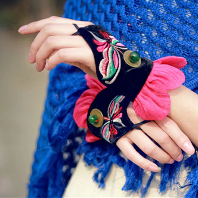 Винтажные тактические женские перчатки Harajuku Guantes в китайском стиле, женские перчатки с вышивкой на осень и зиму - Цвет: Style Six