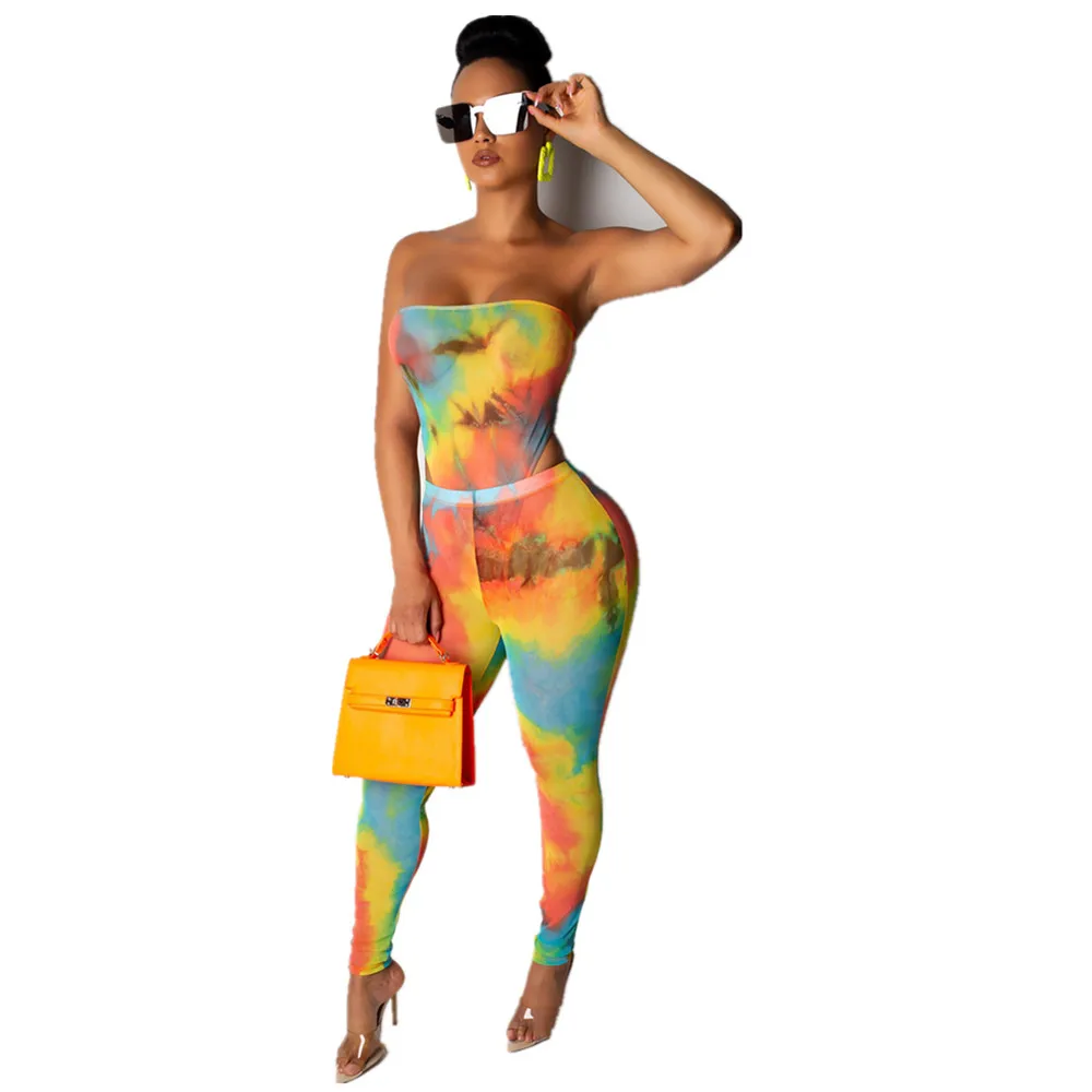 

2019 women summer tie dye galaxy print mesh see though cut out strapless bodysuit & pants suit two piece set tracksuit GLBLY6032