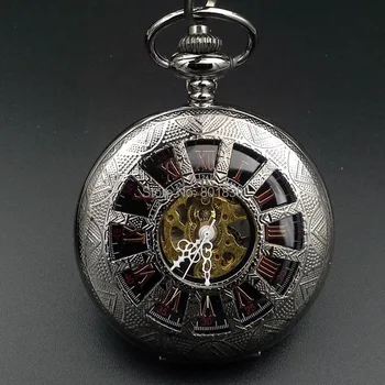 

Classic Steampunk Roman Dial Mechanical Skeleton Steel Mens Black Windup Pocket Watch Wholesale Price H178
