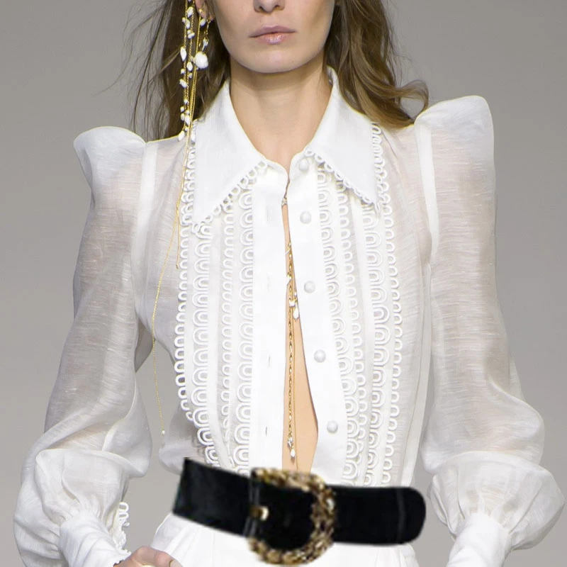 

Women Golden Doily Blouse White Linen Blend Golden Doily Shirt Wing Collar Retro-inspired Shirt With Eyelet Trim