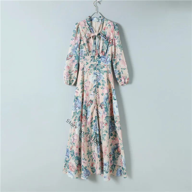 Summer New Fashion Linen Retro Printing V-Neck Single-Breasted Vacation Long Sleeve Dress Women's