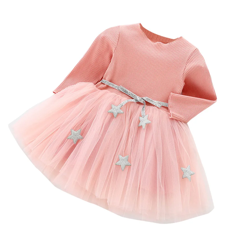 Vestido infantil/ г. модное платье одежда для маленьких девочек с длинными рукавами и звездами праздничные платья принцессы подарок на первый день рождения - Цвет: Pink