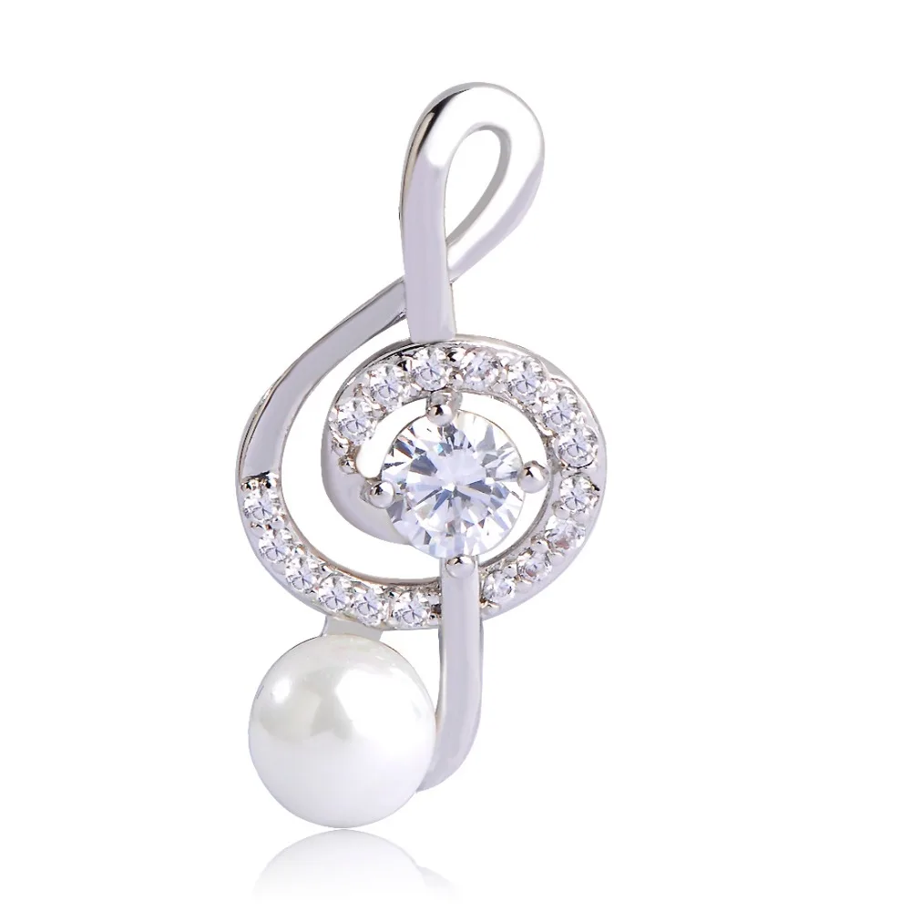 Blucome CZ Zircon Music Note Brooches Simple Style Simulated Pearl Small Brooch Hijab Pins Collar Clip