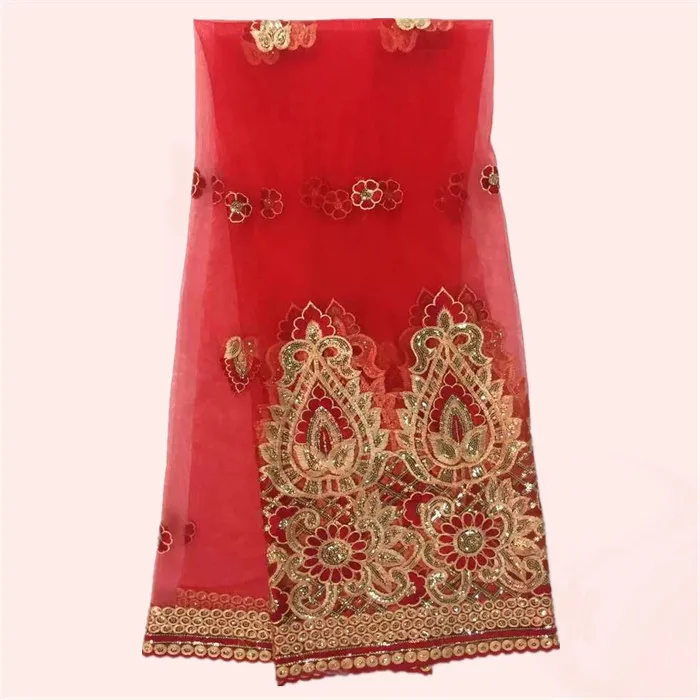 New arrival red with gold embroidery French tulle fabric with sequins African net lace cloth for