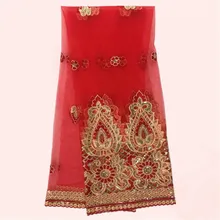 New arrival red with gold embroidery French tulle fabric with sequins African net lace cloth for wedding dress JNZ22-1