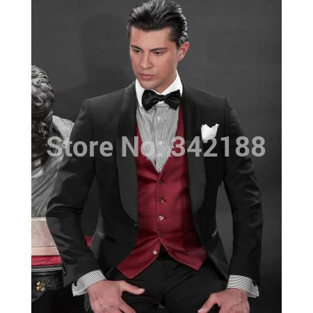 Custom Made Black One Button Groom Tuxedos Best Man Shawl Satin Lapel Groomsmen Men Wedding Suits/Bridegroom (Jacket+Pants+Vest)