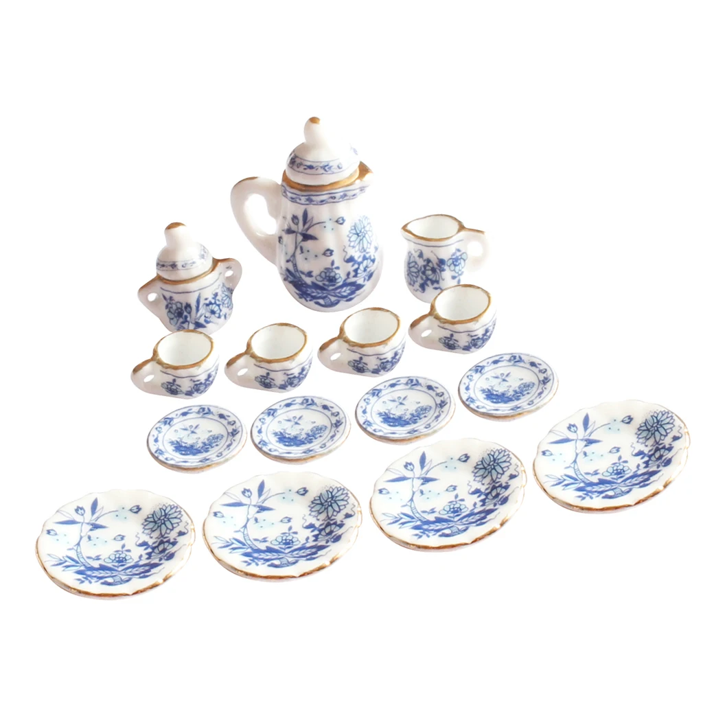 1/12th Dining Ware China Ceramic Tea Set Dolls House Miniatures Blue Flower S80 