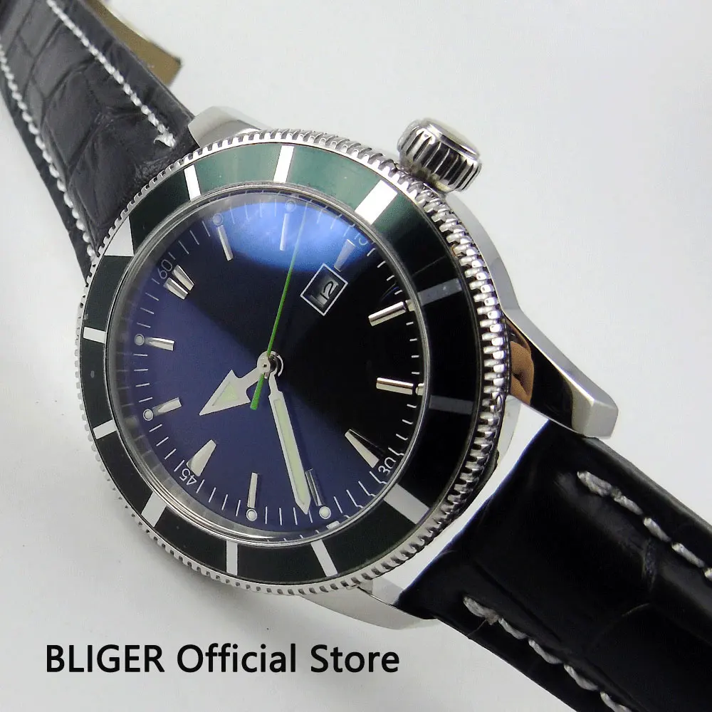 BLIGER 46MM Black Sterile Dial Green Small Second Hand Wrist Watches