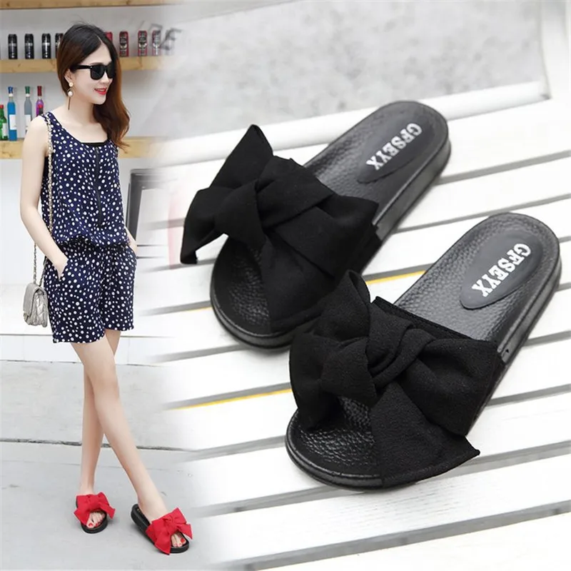 Г., новые тапочки женские летние сандалии с бантиком, тапочки домашние уличные Вьетнамки, пляжная обувь женская модная обувь - Цвет: Черный