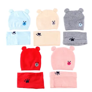 

2 Pcs Autumn Winter Newborn Baby Knit Hat Scarf Set Cartoon Bear Kids Boys Girls Winter Beanie Hat Scarf Set 0-18M for Warm Care