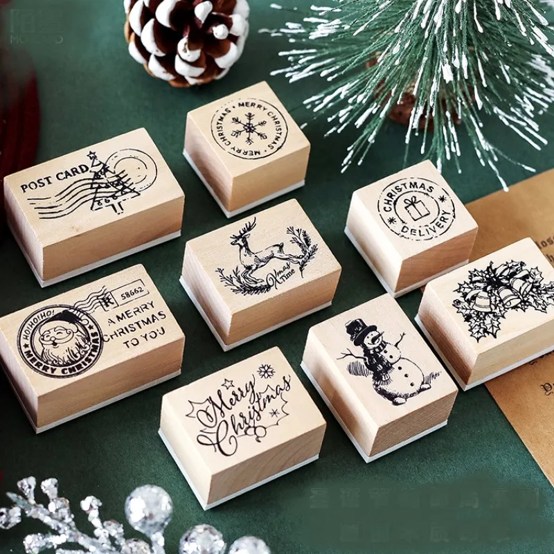 

Christmas wooden stamp design of X-mas tree father postcard snowflake bell gift hobby craft