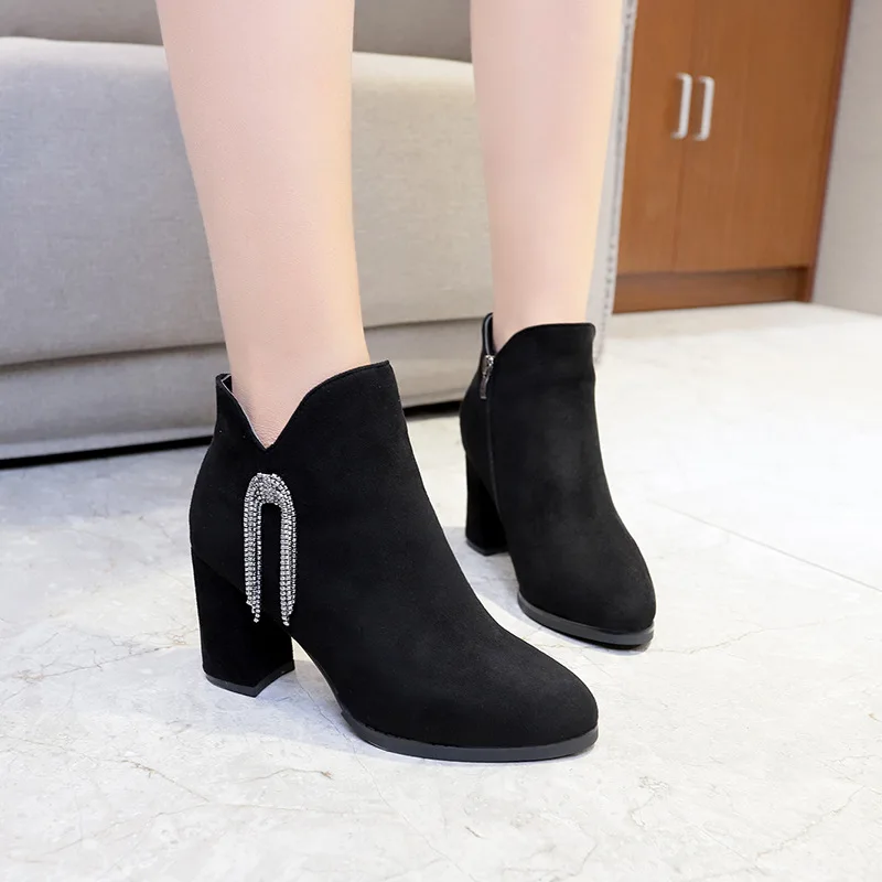 

Ladies short boots autumn and winter new round head rhinestone tassel high heel Martin boots fashion retro short boots