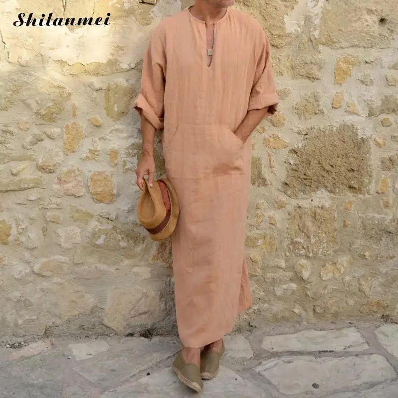 Мусульманская Мода Для мужчин исламский ткань Jubah Thobe одеяния кафтан карманы плюс Размеры одноцветное Арабская, Дубай короткий рукав платье из муслина - Цвет: orange2