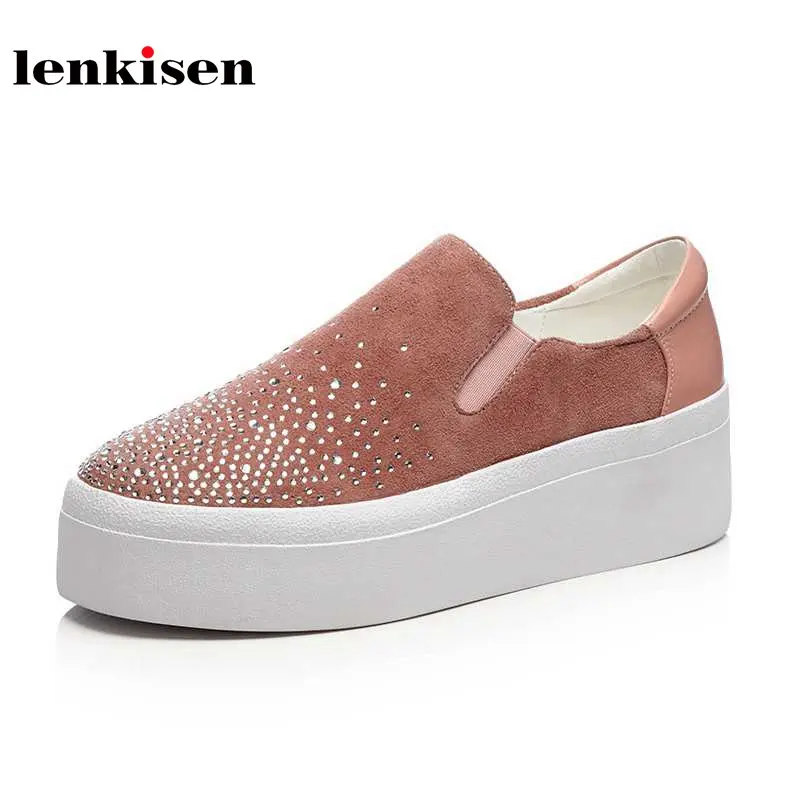 

Lenkisen sheep suede round toe crystal bling bling sneaker slip on high heel vulcanized shoes increased running women shoes L28