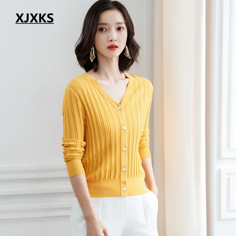 XJXKS Spring 2019 New Sweater Coat Female Short Korean Style Thin Solid Color Long-sleeved Linen Knit Women Cardigan Sweater XJXKS Spring 2019 New Sweater Coat Female Short Korean Style Thin Solid Color Long-sleeved Linen Knit Women Cardigan Sweater