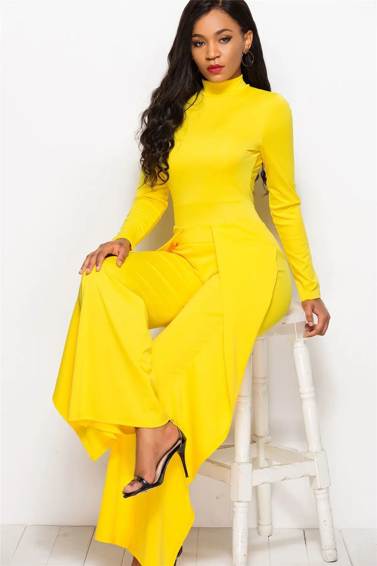Желтый Модный комбинезон размера плюс, женский комбинезон, белый комбинезон с широкими штанинами, уличная одежда с длинным рукавом