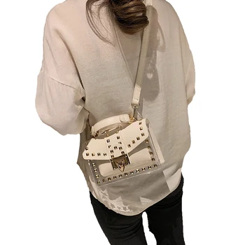 

Women Messenger Bags PU+PVC Transparent Jelly Bag Summer Girl Fashion Rivet Chains Beach Shoulder Bag Flap(White)