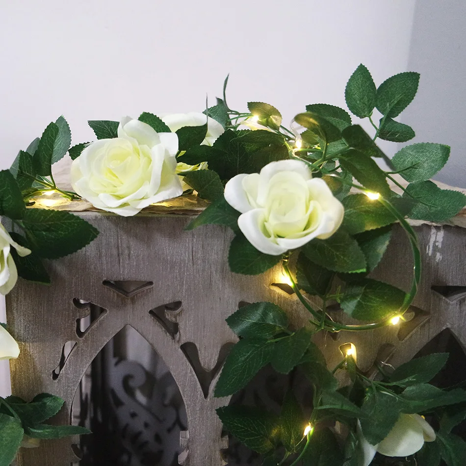 

Beautiful Rose Garland With Copper Wire Led Light String Wrapped, Romantic Wedding Rose Flower LED Wreath Decorative