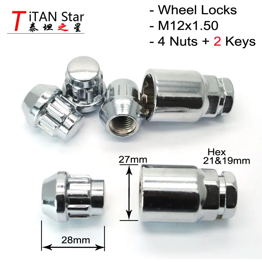 

4 NutS+2 Key M12x1.5 Alloy 1.5 Wheel Locks Nuts Anti Theft SECURITY NUT For HYUNDAI IX35 TUCSON ELANTRA SONATA SantaFe RENA