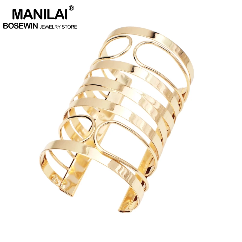 

MANILAI Exaggerated Wide Cuff Bracelets Bangles For Women Golden Silver Color Alloy Female Big Bangle Bracelet Fashion Jewelry