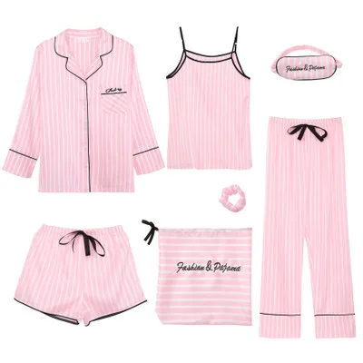 Pink Women's 7 Pieces Pajamas Sets Emulation Silk Striped Pajamas Women Homewear