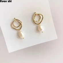 HUANZHI S925 Стерлинговое Серебро, металлические золотые геометрические Двойные квадратные серьги-гвоздики с натуральным пресноводным неровным жемчугом для женщин
